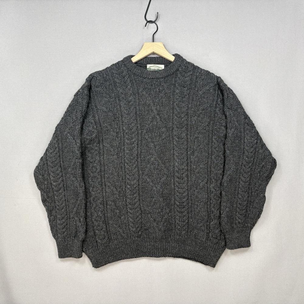 VTG Aran Crafts Men's XL Charcoal Wool Cable Knit Sweater Ireland Heavyweight